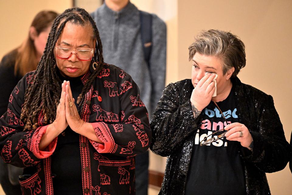Betty Sawyer and Cat Palmer attend a protest outside the hearing room prior to Senate members of the Education Standing Committee hearing comments on HB261 at the Capitol in Salt Lake City on Monday, Jan. 22, 2024. The bill received a favorable recommendation. | Scott G Winterton, Deseret News