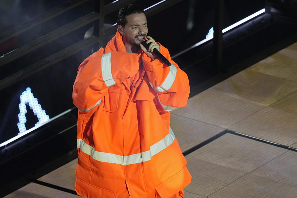 J Balvin performs during an opening ceremony for the Formula One Las Vegas Grand Prix auto race, Wednesday, Nov. 15, 2023, in Las Vegas. (AP Photo/Darron Cummings)