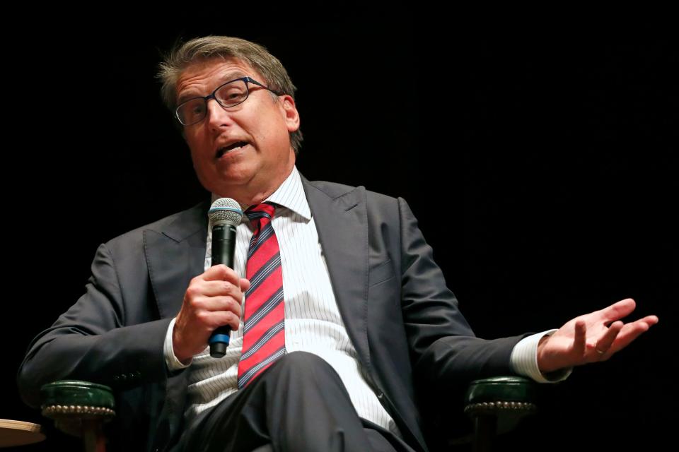 In this Jan. 16, 2020 photo, then-N.C. Gov. Pat McCrory speaks during a University of North Carolina Institute of Politics forum in Chapel Hill.
