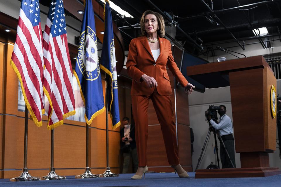 Speaker of the House Nancy Pelosi of Calif., speaks during her weekly news conference, Wednesday, March 9, 2022, on Capitol Hill in Washington. (AP Photo/Jacquelyn Martin)