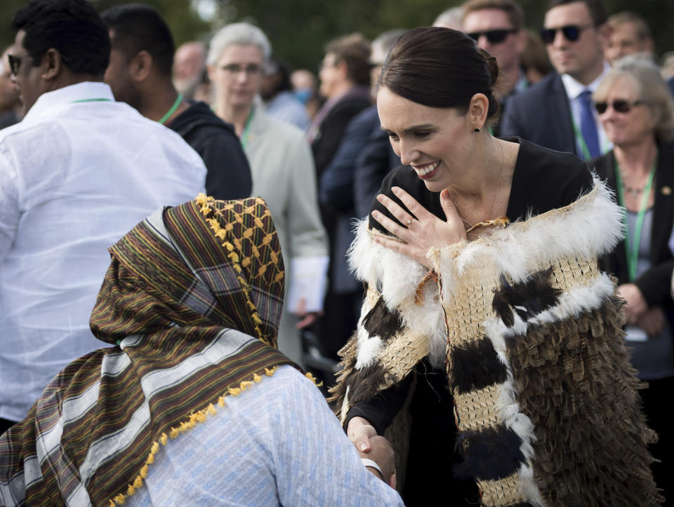 In this photo supplied by the New Zealand government, New Zealand Prime Minister Jacinda Ardern meets members of the Muslim community following the national remembrance service for the victims of the March 15 mosques terrorist attack in Hagley Park, Christchurch, New Zealand, Friday, March 29, 2019. (Mark Tantrum/New Zealand Government via AP)