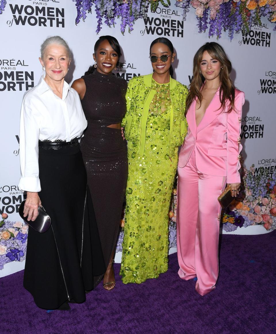 los angeles, california   december 01 helen mirren, aja naomi king, her, camila cabello arrives at the l'oréal paris' women of worth celebration at the ebell club of los angeles on december 01, 2022 in los angeles, california photo by steve granitzfilmmagic