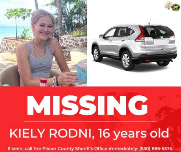 PHOTO: Kiely Rodni and her car are seen in an image posted by The Placer County Sheriff's Department on their Twitter account. Rodhi, 16, disappeared from a campground near Lake Tahoe on 8/6/2022; the police is treating it as a potential abduction. (Placer County Sheriff's Department/Twitter)