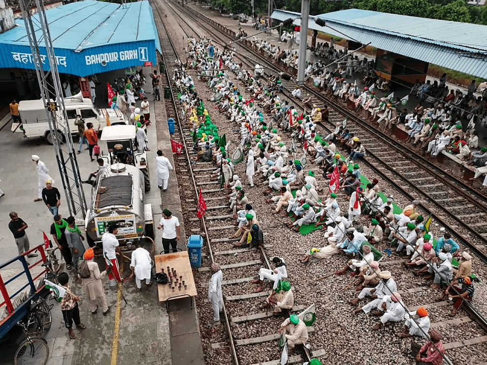 <div class="paragraphs"><p>Bahadurgarh: Farmers block railway tracks as part of the Samyukt Kisan Morchas rail roko protest, demanding the dismissal and arrest of Union Minister Ajay Misra in connection with the Lakhimpur Kheri unrest</p></div>