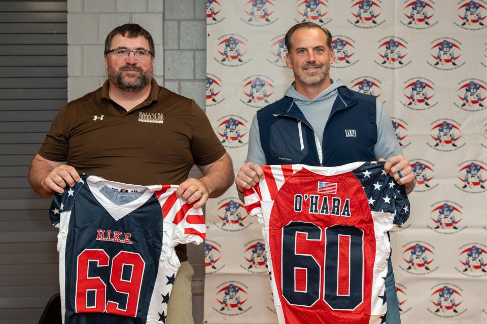 New York Giants Super Bowl champ Rich Seubert stands with his Giants Teammate Shaun O'Hara at the Inaugural Shaun O’Hara Senior Bowl media day on May 15 in Hillsborough.