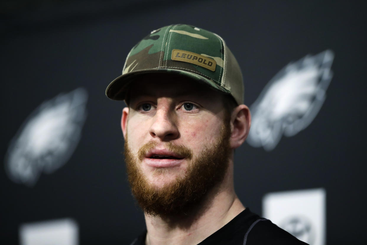 Philadelphia Eagles quarterback Carson Wentz shared a message about the death of George Floyd while he was in police custody. (AP Photo/Matt Rourke)