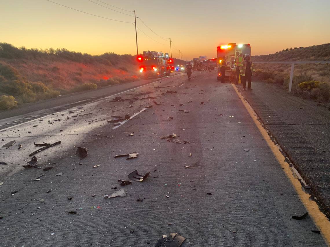 A pickup driven the wrong direction on westbound Interstate 82 near Richland Sunday morning crashed head on into a semi, according to the Washington State Patrol.