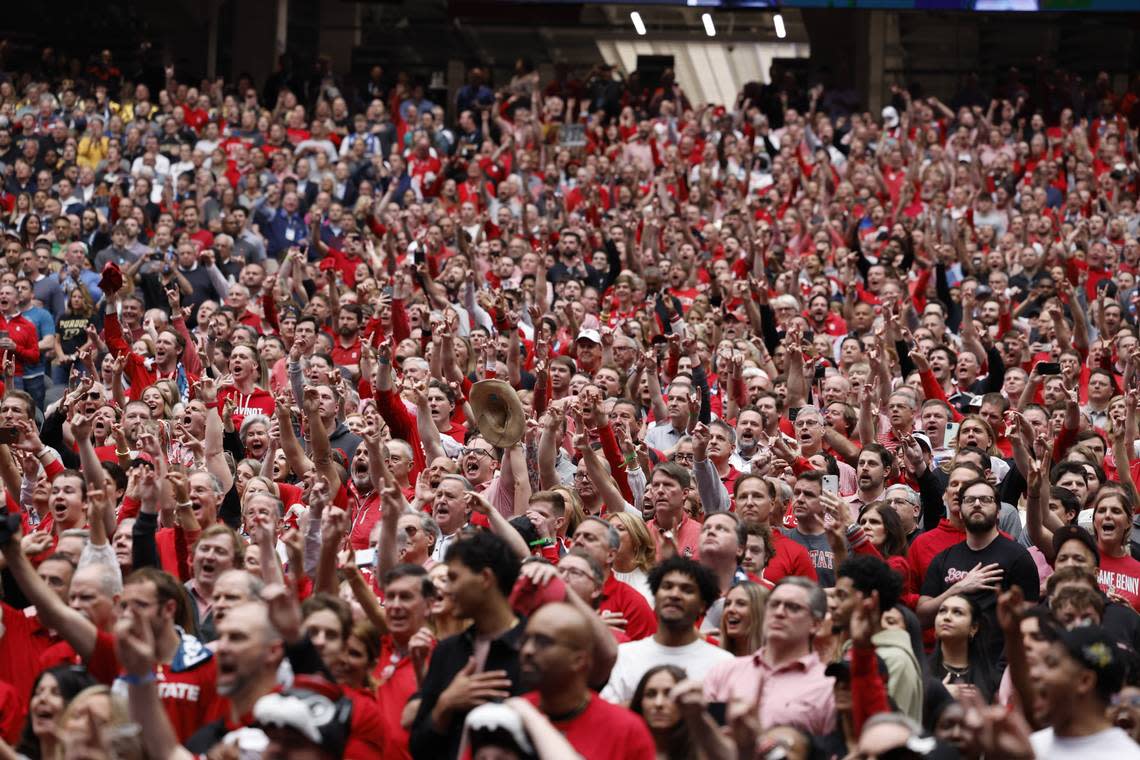 NC State fans cheer on the Wolfpack during their Final Four game against Purdue, Saturday, April 6, 2024. Ethan Hyman/ehyman@newsobserver.com