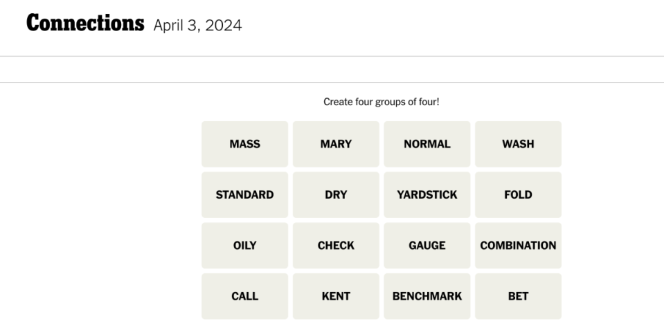 <em>Today's NYT Connections puzzle for Wednesday, April 3</em><em>, 2024</em><p>The New York Times</p>