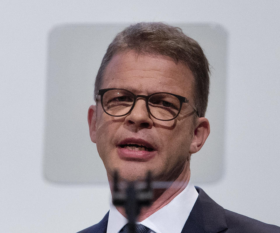 CEO of Deutsche Bank Christian Sewing speaks during the annual shareholders meeting in Frankfurt, Germany, Thursday, May 23, 2019. (AP Photo/Michael Probst)