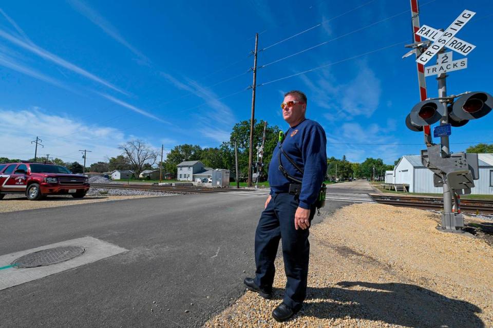 Chief Dave Schutte of the Camanche Fire Department fears a proposed merger of Kansas City Southern and Canadian Pacific will delay emergency services if crossings are blocked for extended periods of time.