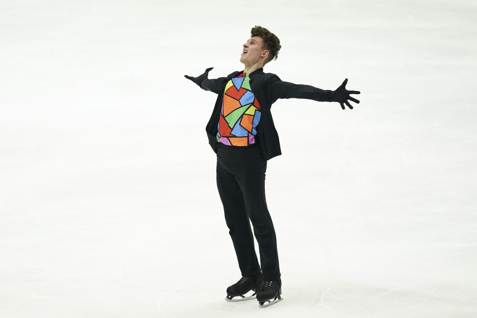 Lukas Britschgi of Switzerland performs in the men's short program during the ISU Grand Prix of Figure Skating - NHK Trophy in Kadoma, near Osaka, Japan, Friday, Nov. 24, 2023. (AP Photo/Tomohiro Ohsumi)