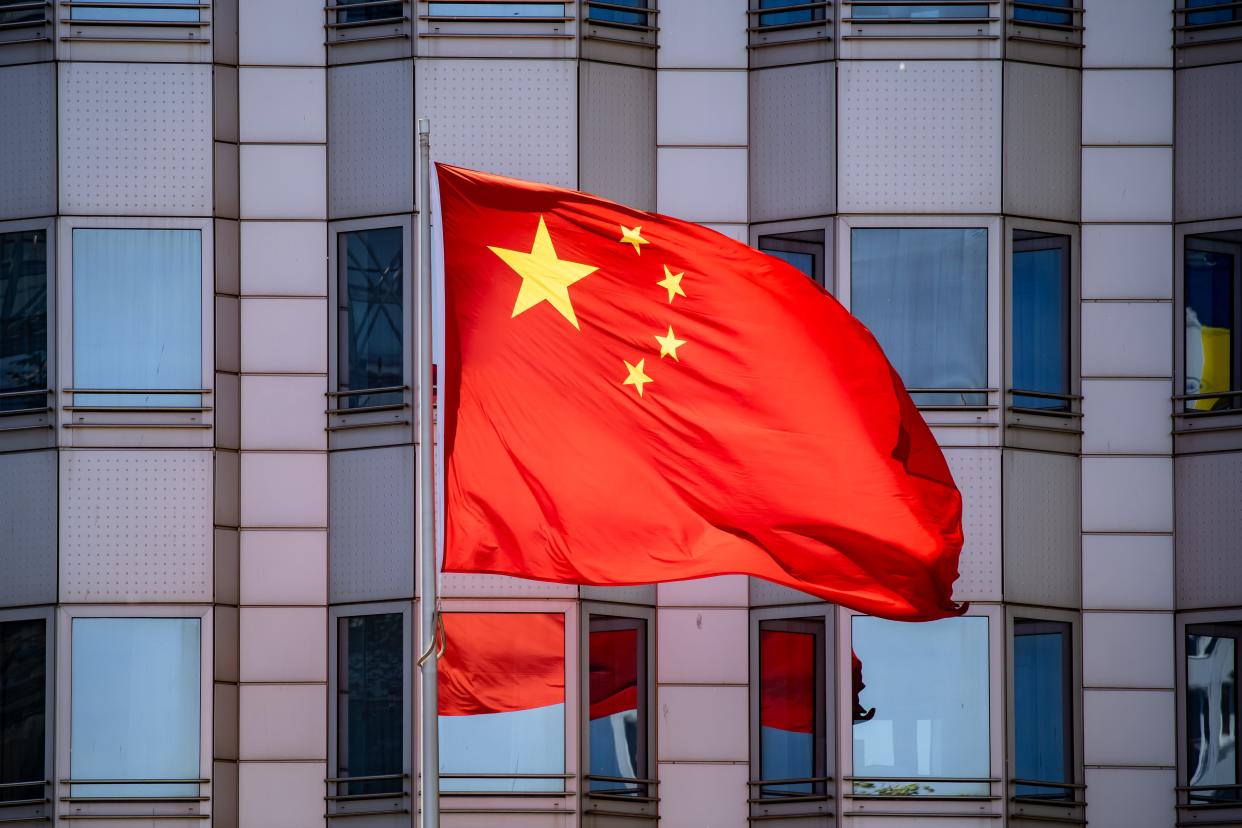 The flag of the People's Republic of China is flying in front of the Chinese Embassy in Berlin on May 15, 2024.