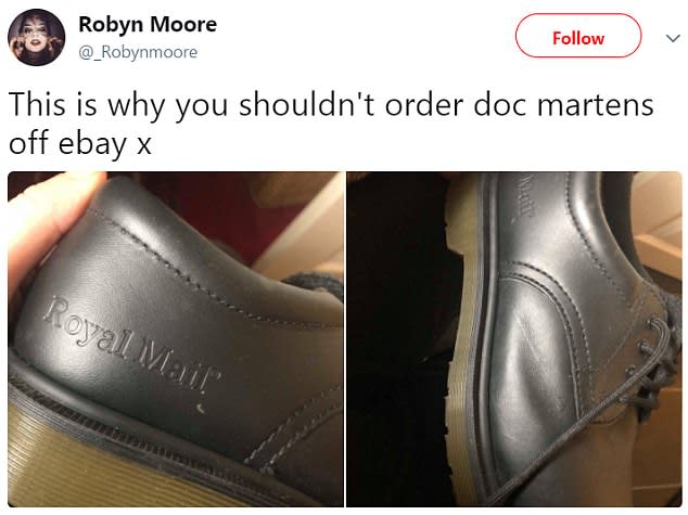 <p>Avere un paio di Dr. Martens “griffati” era il sogno di questa cliente. Ma non si aspettava che fossere firmati dalla “Royal Mail”. (Facebook) </p>