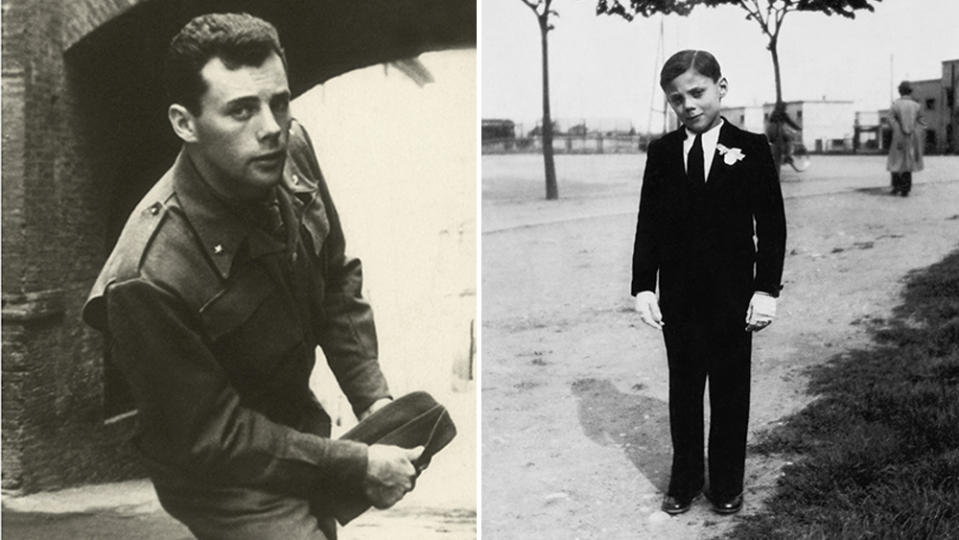 Giorgio Armani wearing a military uniform in 1952; the designer at age 8 in 1942