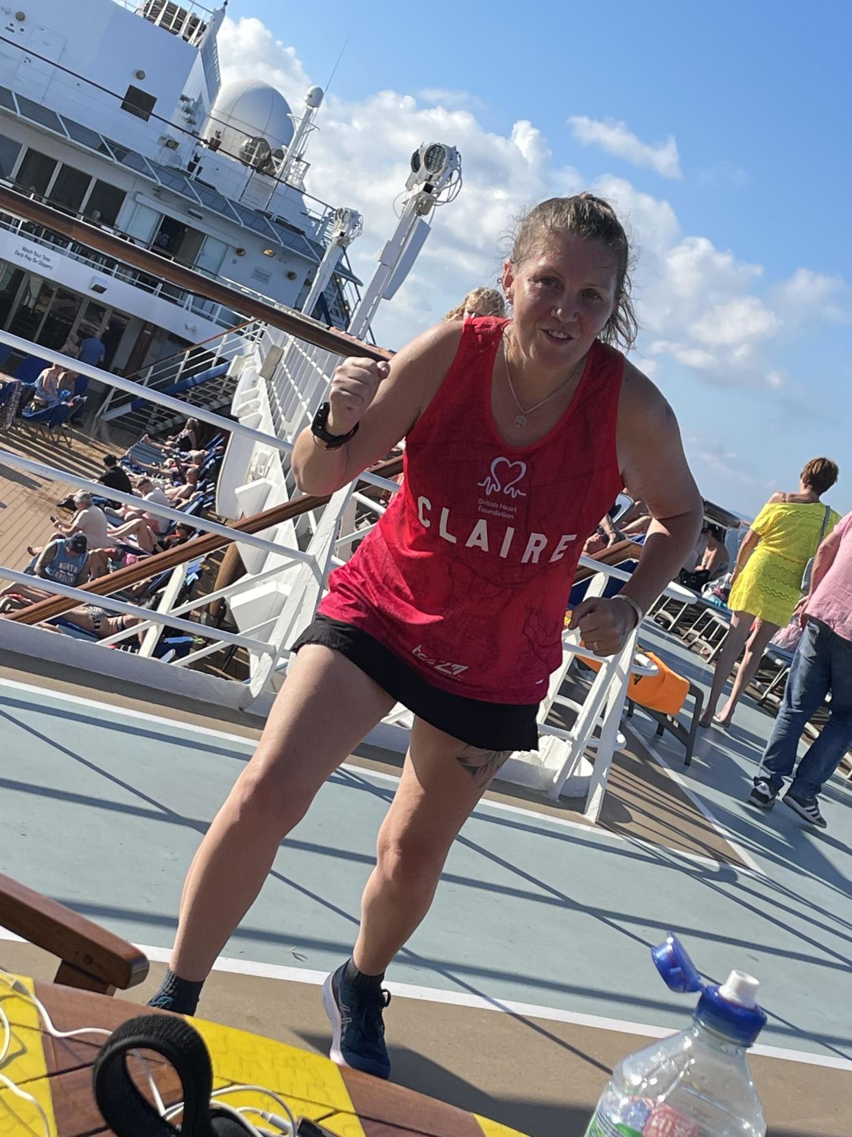 Claire Wilding continued to train during a holiday to Greece where 33 laps around the ship’s deck added up to three mile run (Claire Wilding/BHF/PA)