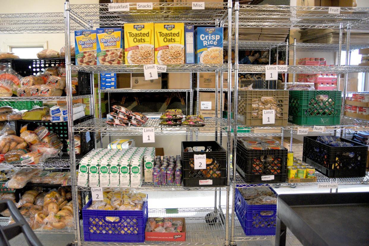 A row of shelf-stable food at the Bradley Food Pantry on Thursday, May 2, 2024, at St. James Episcopal Church in Bradley Beach, New Jersey.