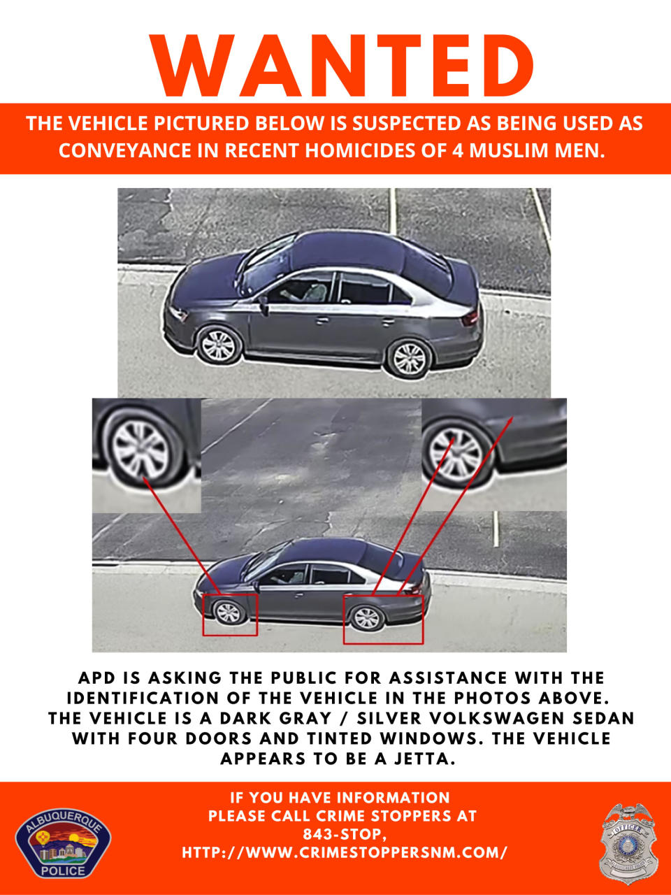A flyer from Albuquerque Metro Crime Stoppers asks for the public's help identifying a car authorities say may be linked to the shooting deaths of four Muslim men in Albuquerque, N.M.  (Albuquerque Metro Crime Stoppers)