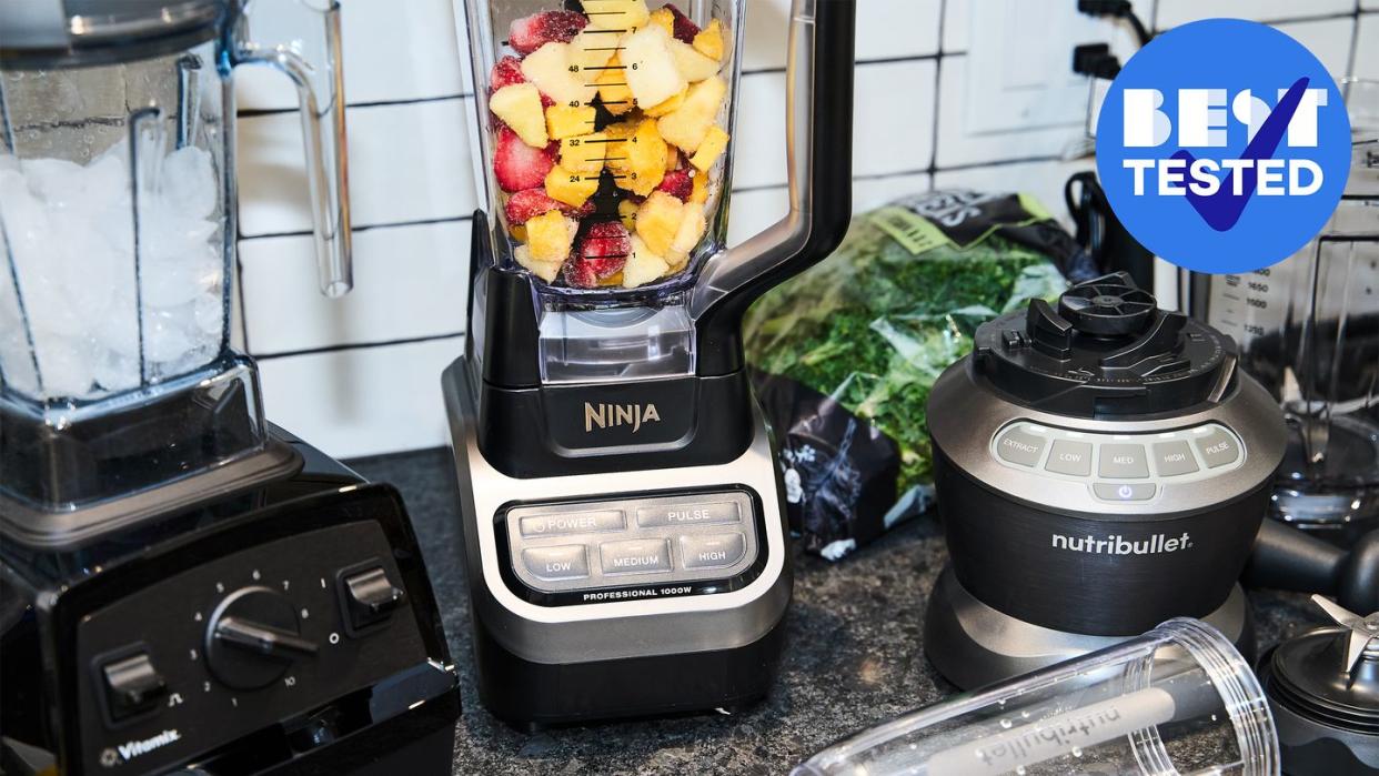 best tested ninja vitamix and nutribullet blenders with frozen fruit ice and kale on counter