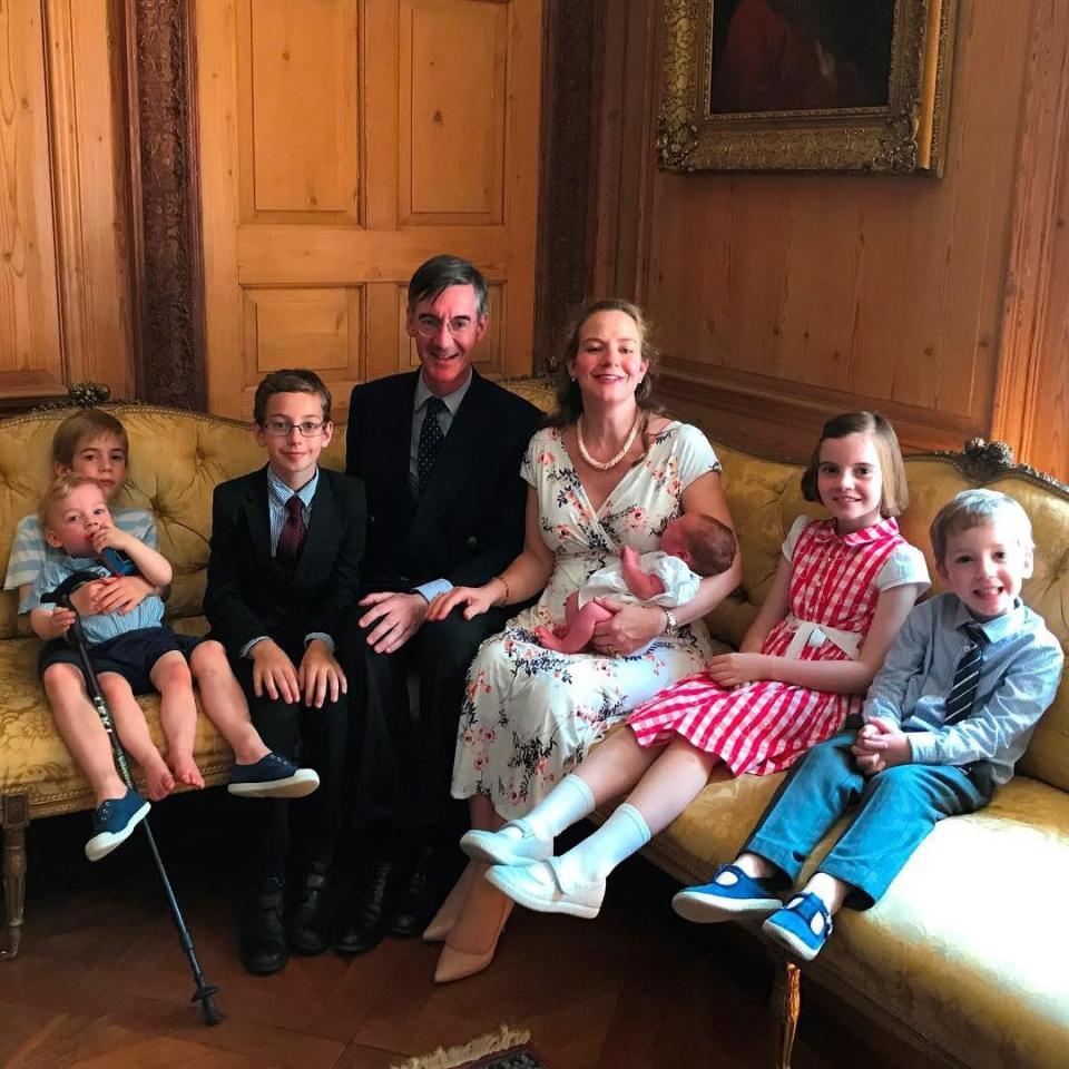 Meet the Rees-Moggs (from left): Thomas Wentworth Somerset Dunstan, 7, with Alfred Wulfric Leyson Pius, 1; Peter Theodore Alphege, 9; Helena Anne Beatrix Wentworth Fitzwilliam de Chair, the MP's wife with newborn Sixtus Dominic Boniface Christopher; Mary Anne Charlotte Emma, 8; and Anselm Charles Fitzwilliam, 5 - Credit: Instagram