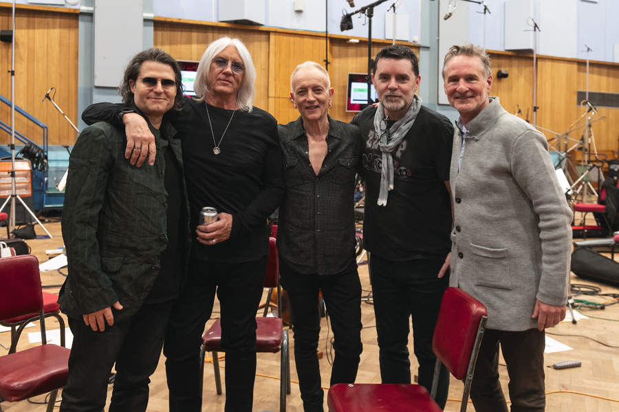 Arranger Eric Gorfain, Joe Elliott, Phil Collen and producers Ronan McHugh and Nick Patrick.