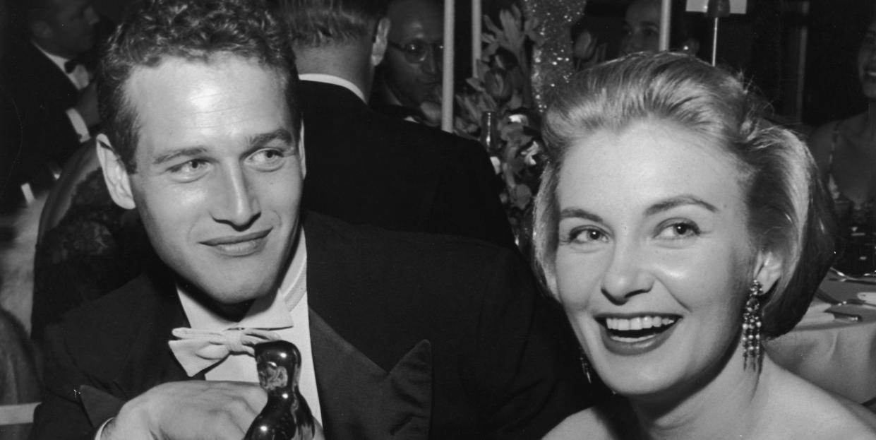 1958 american actor joanne woodward holds her oscar statuette while sitting next to husband, american actor paul newman, during the governors ball, an academy awards party held at the beverly hilton hotel, beverly hills, california woodward won the best actress oscar for director nunnally johnsons, the three faces of eve photo by darlene hammondhulton archivegetty images