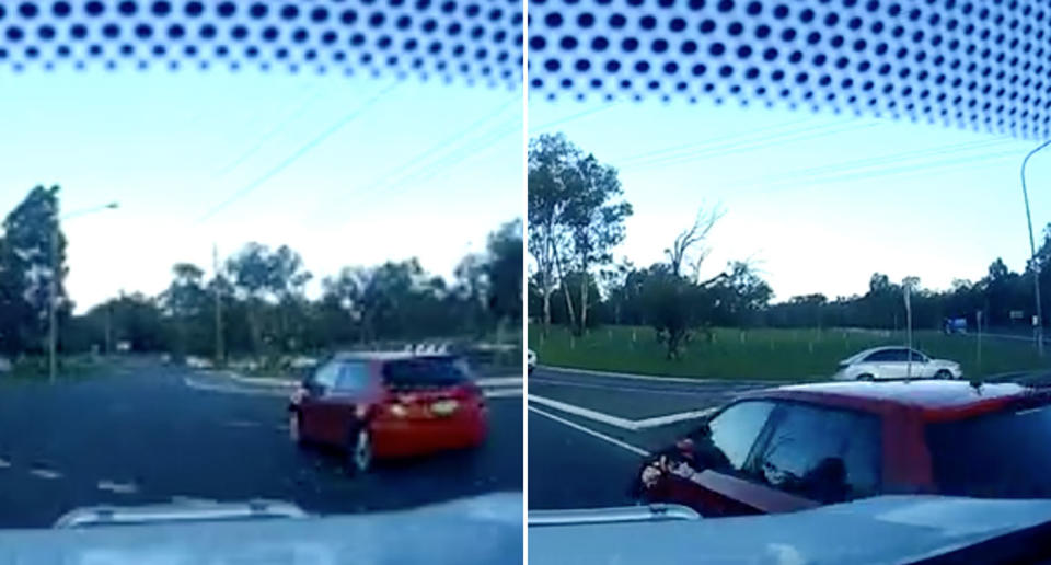 Two cars shown in a video about to crash at the exit of a roundabout at Ingleburn. They were in separate lanes and it's caused confusion as to who was at fault.