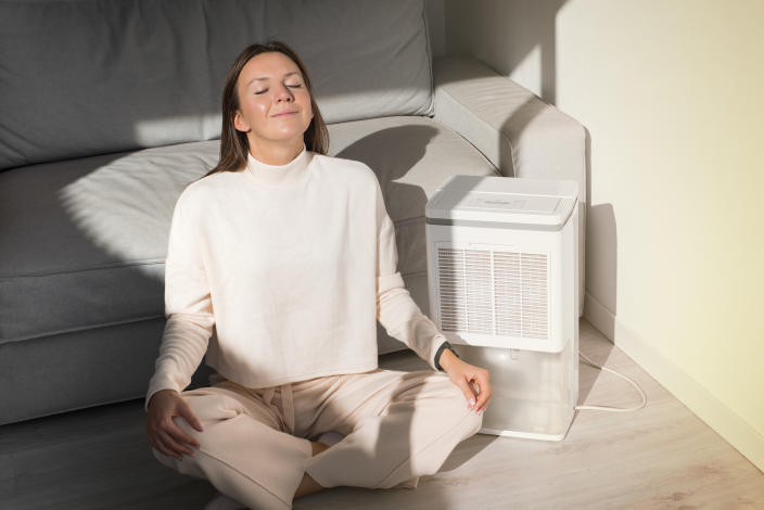 Woman breathing fresh air at home. Air purifier in a living room. Dehumidifier, humidity indicator, air ionizer or water container. High quality photo