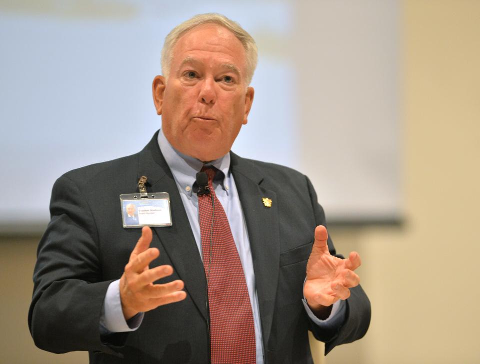 Sarasota Memorial Hospital board chair Tramm Hudson addresses the public in attendance during the meeting of the hospital board on Tuesday, Feb. 21, 2023. 