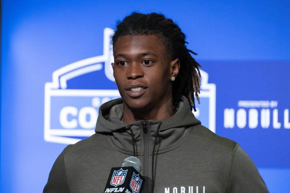 South Carolina defensive back Cam Smith speaks to the meida at the 2023 NFL Combine at Lucas Oil Stadium in Indianapolis.