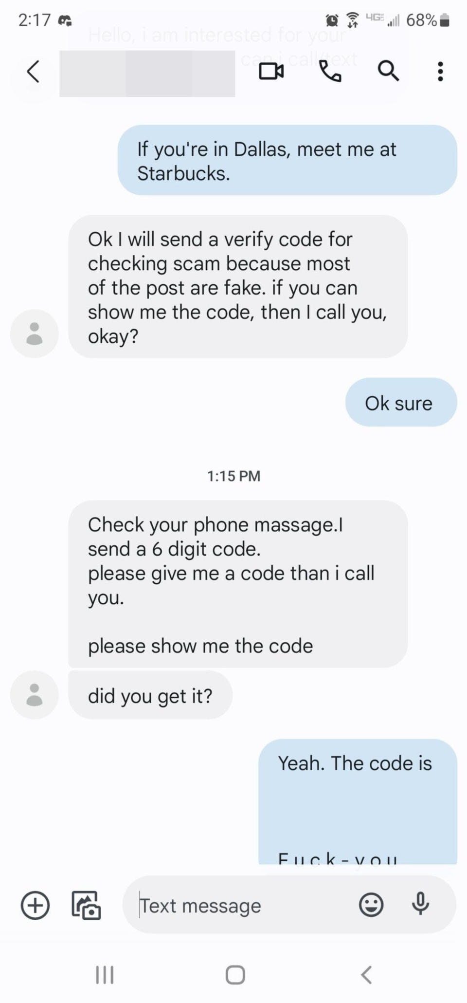 Scammer who asks for a 6-digit code and gets sent "fuck you"