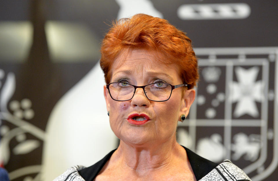 BRISBANE, AUSTRALIA - MARCH 28: One Nation leader Pauline Hanson speaks during a press conference on March 28, 2019 in Brisbane, Australia. Pauline Hanson is under increasing pressure following an undercover investigation by news organisation Al Jazeera, which has released hidden camera footage of Hanson appearing to suggest the 1996 Port Arthur massacre, where a gunman shot and killed 35 people in Tasmania, was a government conspiracy. Other footage from the Al Jazeera investigation show senior One Nation figures James Ashby and Steve Dickson soliciting financial support in the US from the National Rifle Association in a bid to seize the balance of power and weaken Australia's gun laws. (Photo by Bradley Kanaris/Getty Images)