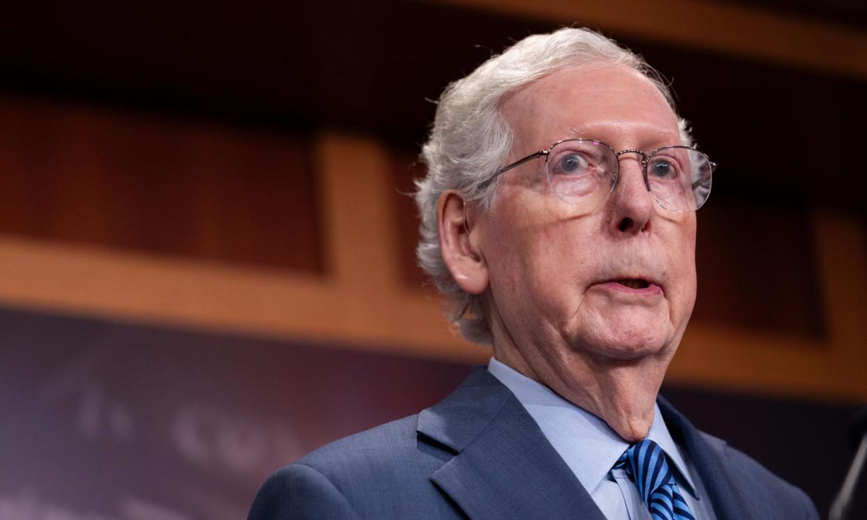 <span>Mitch McConnell speaks to reporters in Washington DC, on 23 April 2024.</span><span>Photograph: Nathan Posner/REX/Shutterstock</span>