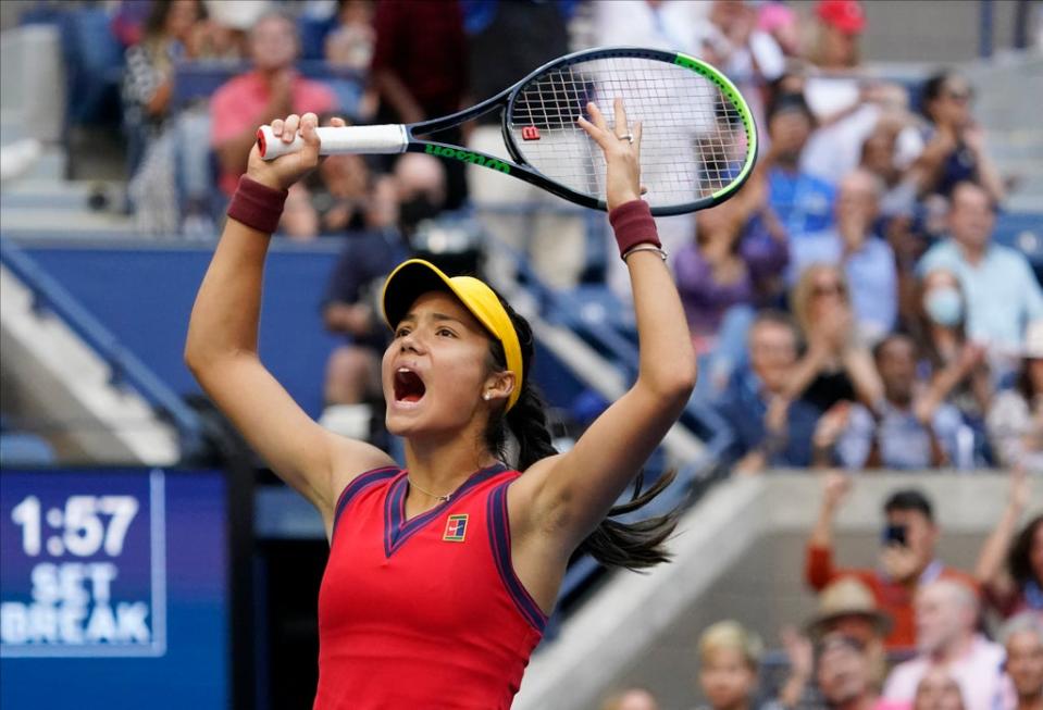 Emma Raducanu celebrates winning the opening set (AP)