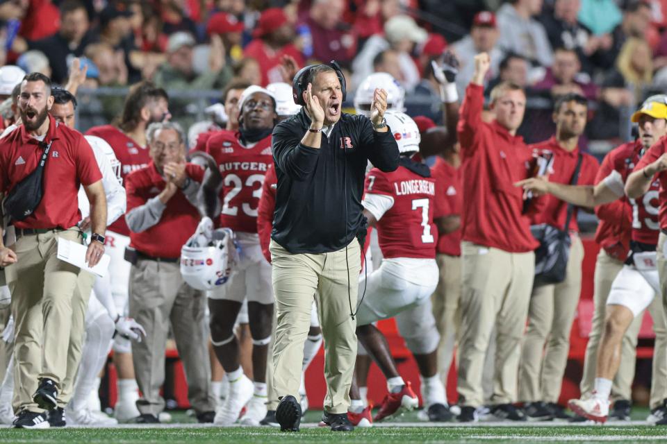 Nov 5, 2022; Piscataway, New Jersey, USA; Rutgers Scarlet Knights head coach Greg Schiano reacts after a defensive stop during the first half against the Michigan Wolverines at SHI Stadium. Mandatory Credit: Vincent Carchietta-USA TODAY Sports