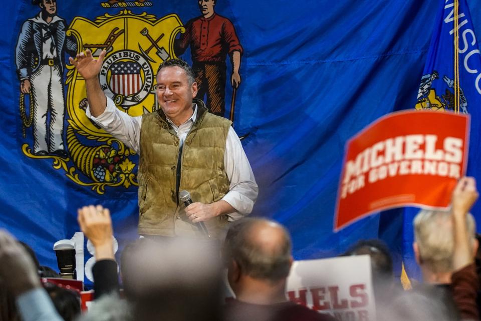 Wisconsin Rebublican gubernatorial candidate Tim Michels speaks at a rally with supporters Wednesday, Oct. 26, 2022, in Waukesha, Wis. (AP Photo/Morry Gash)