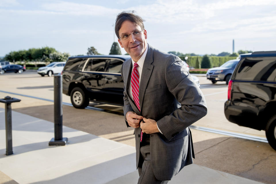 Acting Defense Secretary Mark Esper arrives at the Pentagon in Washington, Monday, June 24, 2019. (AP Photo/Andrew Harnik)