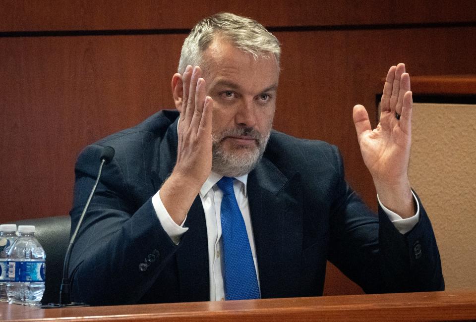 Erich Speckin testifies during Kari Lake’s election challenge trial on May 18, 2023, in Maricopa County Superior Court in Mesa.