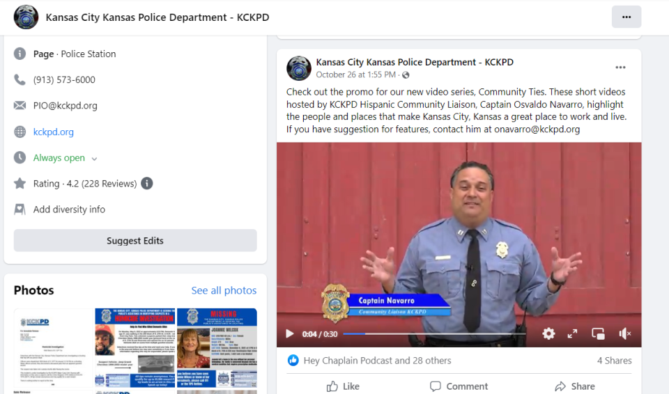 A Facebook video series called Community Ties is one of the ways that the Kansas City, Kansas Police Department cites as one of its efforts to improve community relations.