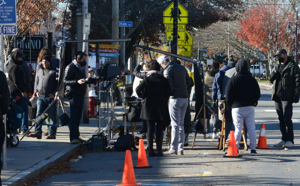 A film crew fills Main Street in Hyannis on Saturday morning shooting scenes for the movie "The Storied Life of A.J. Fikry."