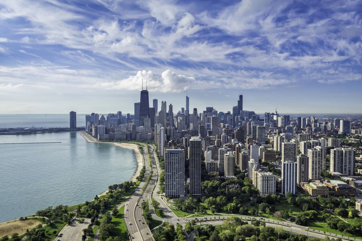 Chicago Skyline aerial view with road by the beach