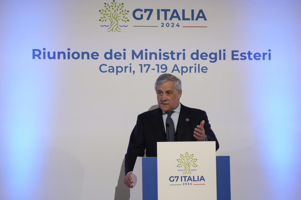 Italian Foreign Minister Antonio Tajani speaks to reporters during the final press conference at the G7 Foreign Ministers meeting on Capri Island, Italy, Friday, April 19, 2024. (AP Photo/Gregorio Borgia)