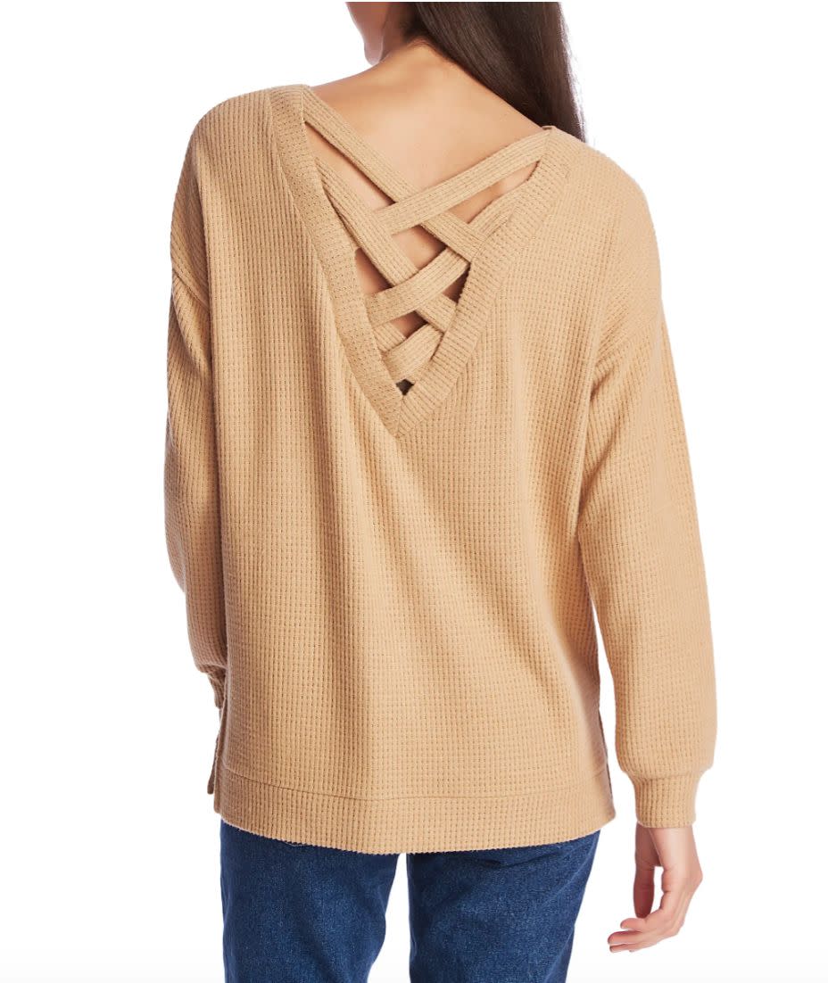 This lightweight waffle sweater has a statement detail in the back. Normally $59, <a href="https://fave.co/3mYyEJh" target="_blank" rel="noopener noreferrer">get it on sale for $30</a> at Nordstrom.