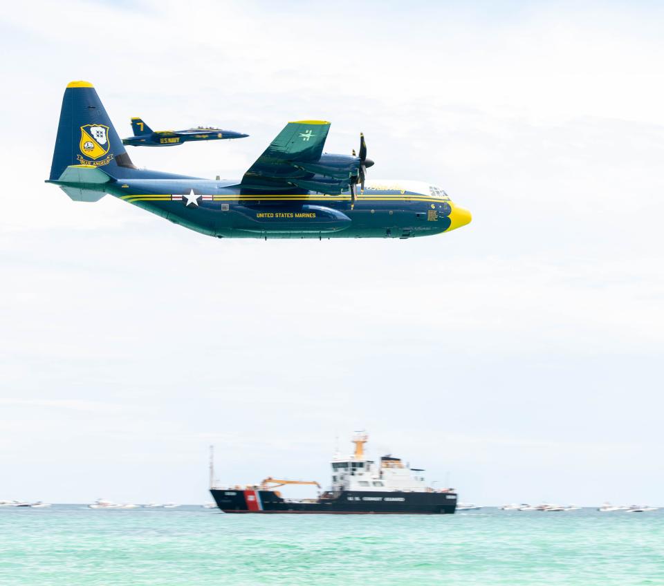 Fat Albert makes a pass as the Blue Angels fly during their practice air show in Pensacola Beach on Thursday, July 6, 2023.