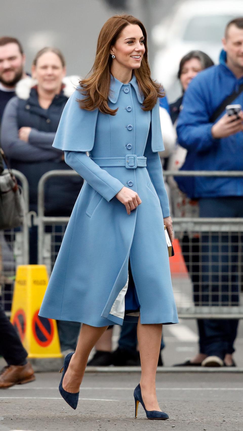 Kate Middleton wears a blue coat in February 2019.