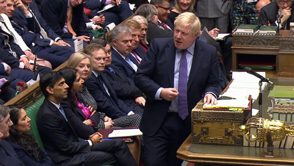 Prime Minister Boris Johnson speaks during Prime Minister's Questions in the House of Commons, London.