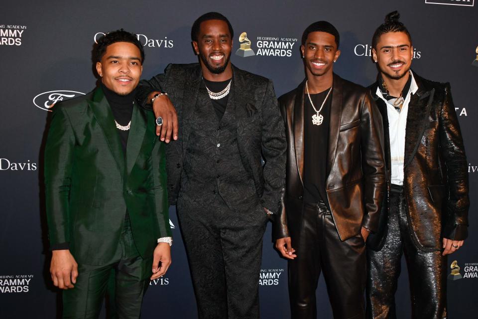 From left, Justin Dior Combs, Honoree Sean "Diddy" Combs, Christian Casey Combs, and Quincy Taylor Brown arrive for the Recording Academy and Clive Davis pre-Grammy gala at the Beverly Hilton hotel in Beverly Hills, California on Jan. 25, 2020.