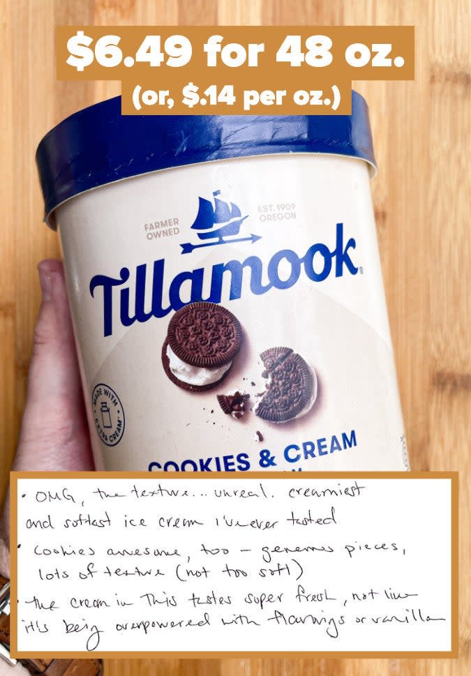 A pint of Tillamook ice cream with notes that read, "Cookies awesome, too - generous pieces, lots of texture (not too soft)"