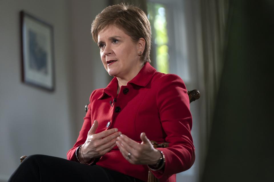 The First Minister of Scotland, Nicola Sturgeon, is interviewed, Tuesday, May 17, 2022, in Washington. Sturgeon spoke to the Associated Press Tuesday on her first US visit since the COVID lockdown. (AP Photo/Jacquelyn Martin)