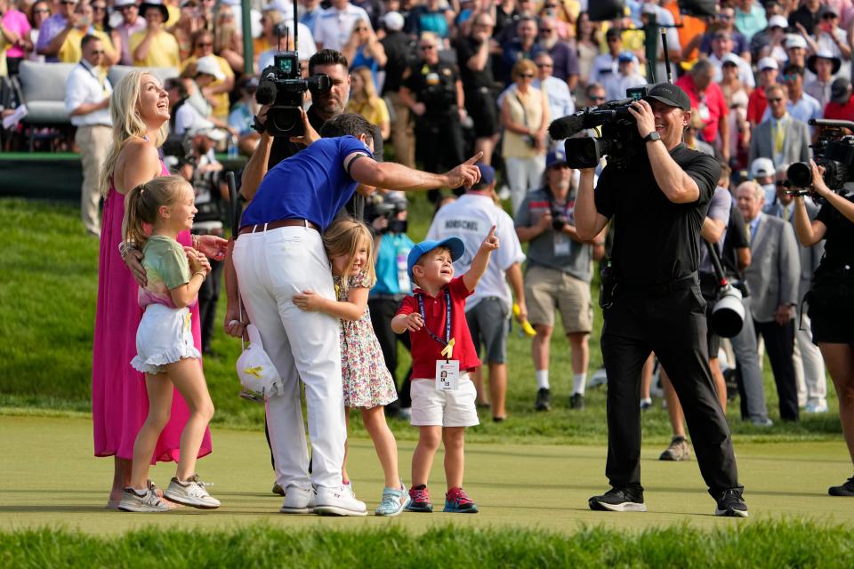 Jun 5, 2022; Dublin, Ohio, USA; Billy Horschel's family celebrates with him after he wins the Memorial Tournament at Muirfield Village Golf Club on June 5, 2022. Mandatory Credit: Adam Cairns-The Columbus Dispatch